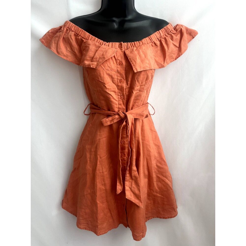 Linen Lux Orange Ruffle Romantic Mini Dress Belted Prairie Size US 4/S Cottage